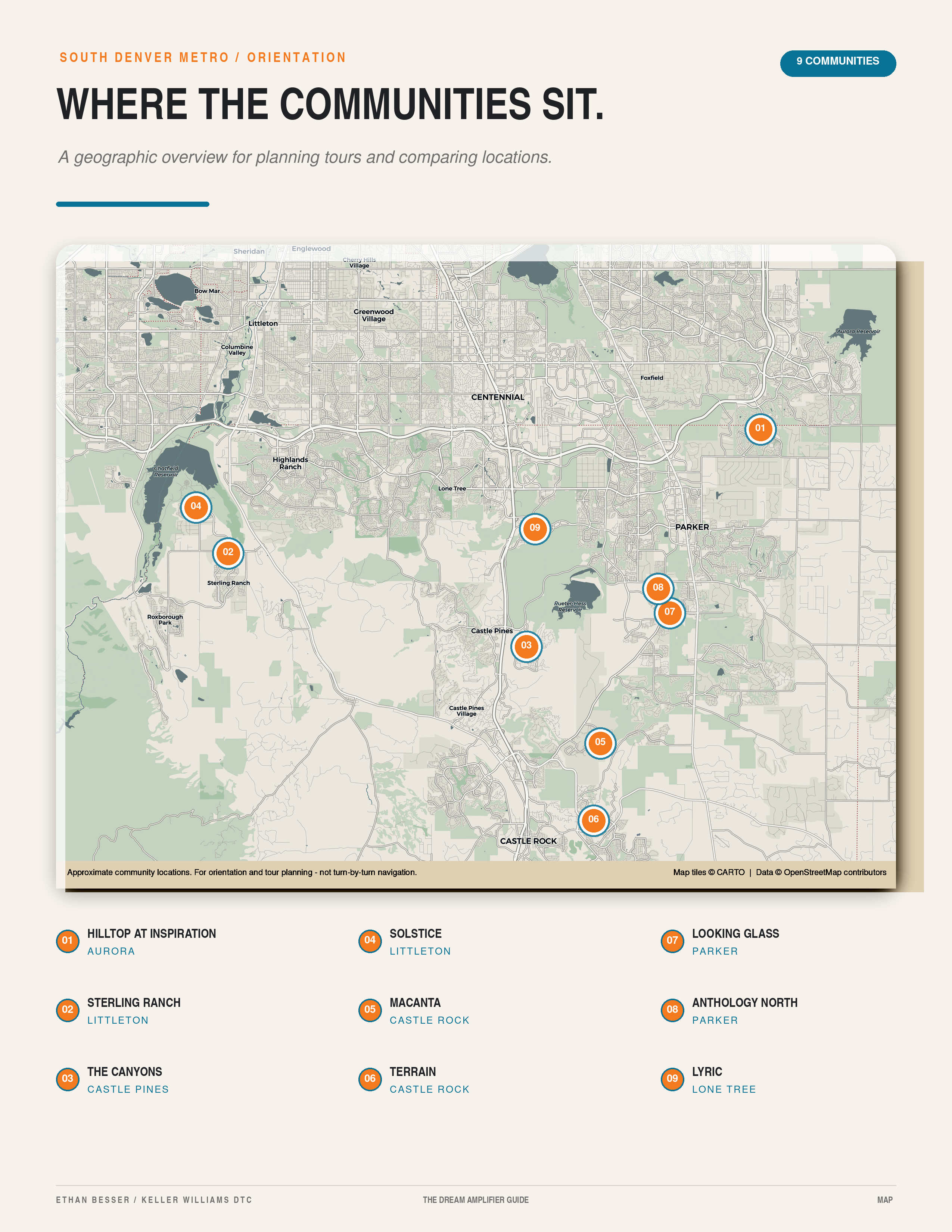 Map of nine featured communities in the Denver metro area