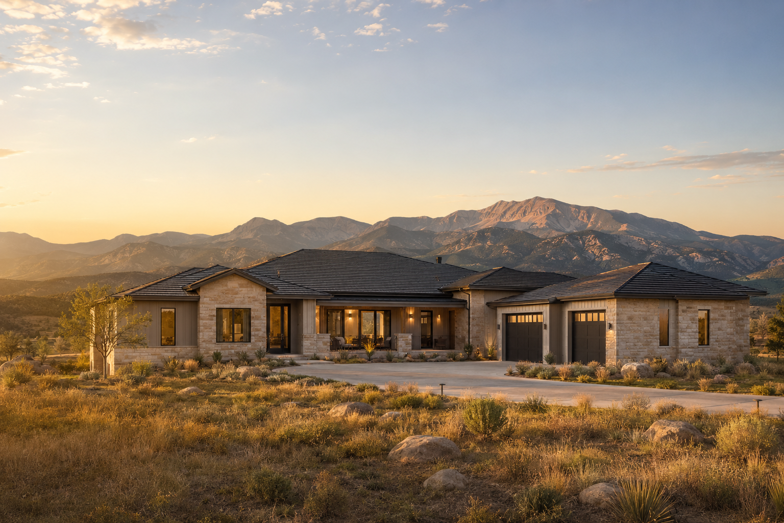 Luxury Colorado ranch home at sunset